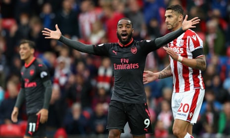 Stoke City v Arsenal - Premier League<br>STOKE ON TRENT, ENGLAND - AUGUST 19: Alexandre Lacazette of Arsenal reacts to having his goal rulled for offisde during the Premier League match between Stoke City and Arsenal at Bet365 Stadium on August 19, 2017 in Stoke on Trent, England. (Photo by David Rogers/Getty Images)