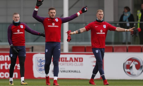 Jack Butland, centre, has departed the England camp and leaves Gareth Southgate with a choice of Everton’s Jordan Pickford, left, and West Ham’s Joe Hart, right, to face Germany. 