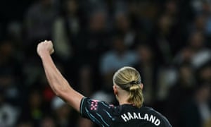 TOPSHOT-FBL-ENG-PR-TOTTENHAM-MAN CITY<br>TOPSHOT - Manchester City's Norwegian striker #09 Erling Haaland celebrates after scoring his team first goal during the English Premier League football match between Tottenham Hotspur and Manchester City at the Tottenham Hotspur Stadium in London, on May 14, 2024. (Photo by Ben Stansall / AFP) / RESTRICTED TO EDITORIAL USE. No use with unauthorized audio, video, data, fixture lists, club/league logos or 'live' services. Online in-match use limited to 120 images. An additional 40 images may be used in extra time. No video emulation. Social media in-match use limited to 120 images. An additional 40 images may be used in extra time. No use in betting publications, games or single club/league/player publications. / (Photo by BEN STANSALL/AFP via Getty Images)
