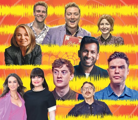 Hosts with the most … (clockwise from top left) James Cooper, Jamie Morton and Alice Levine of My Dad Wrote a Porno; Hrishikesh Hirway of Song Exploder; Ed Gamble; Marc Maron; James Acaster; Casey Wilson and Danielle Schneider of Bitch Sesh; Esther Perel.