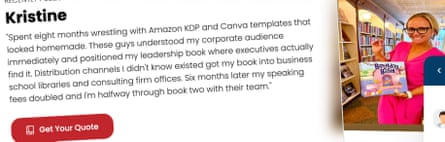 A picture of a woman posing with a book with a description on the left