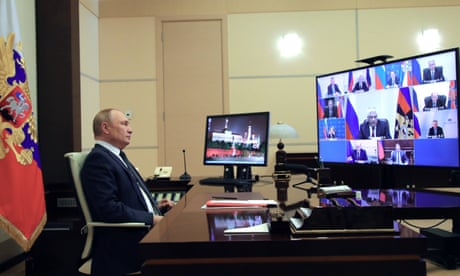 Russian President Vladimir Putin chairs a Security Council meeting via videoconference at the Novo-Ogaryovo residence outside Moscow, Russia, Friday, April 1, 2022. (Mikhail Klimentyev, Sputnik, Kremlin Pool Photo via AP)