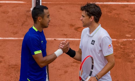 Hugo Dellien (left) and Dominic Thiem shake hands after the Bolivian player’s comfortable win against Thiem.