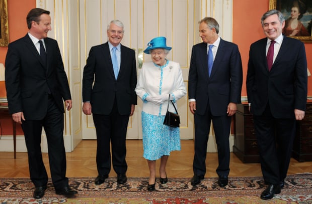 Queen Elizabeth with, from left to right, the then prime minister, David Cameron, and former prime ministers Sir John Major, Tony Blair and Gordon Brown, before a diamond jubilee lunch at 10 Downing Street in July 2012.