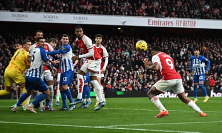 Gabriel Jesus heads in Arsenal’s opening goal in the 53rd minute.