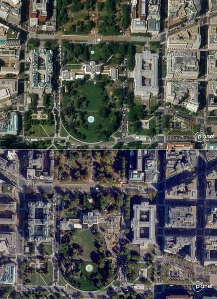 Satellite imagery showing the White House complex before, top, and after the demolition of the East Wing.