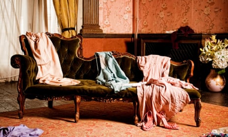 Vintage clothing scattered in a woman's dressing room<br>Woman's Dressing Room, Clothing Scattered