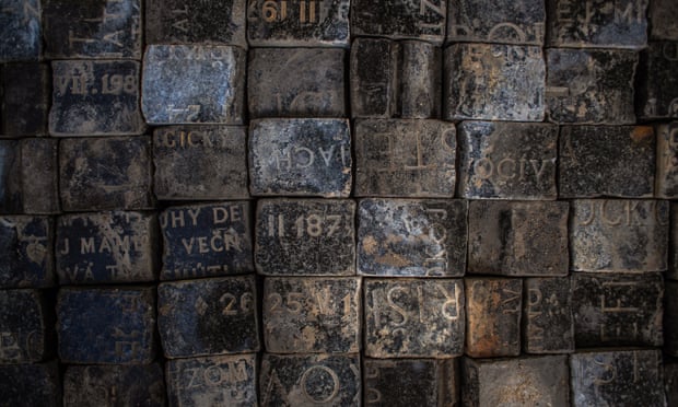 Cobblestones made from Jewish tombstones on display at a construction site at Wenceslas Square in Prague in May 2020
