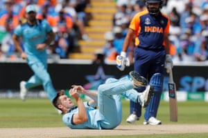 Woakes takes the catch off his own bowling to dismiss Rahul for a duck.