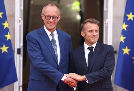 German Chancellor Friedrich Merz (left) meeting French President Emmanuel Macron before a Franco-German cabinet meeting in Toulon today
