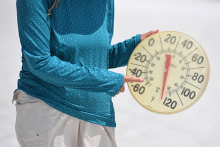 A thermometer at Badwater Basin in Death Valley national park in July.