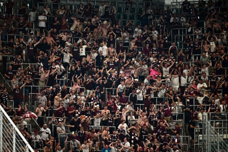 Heart of Midlothian fans celebrate after the UEFA Conference League 2026/27 Play Off Round Second Leg victory over SK Rapid.