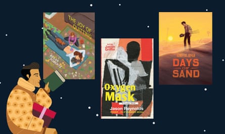 Three book jackets - The Joy of Quitting by Keiler Roberts, Oxygen Mask by Jason Reynolds and Jason Griffin and Days of Sand by Aimée de Jongh - and an illustration of a man holding a gift box and a book. 