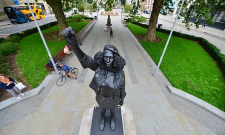 The sculpture of BLM activist Jen Reid on the Bristol plinth previously occupied by slaver Edward Colston.