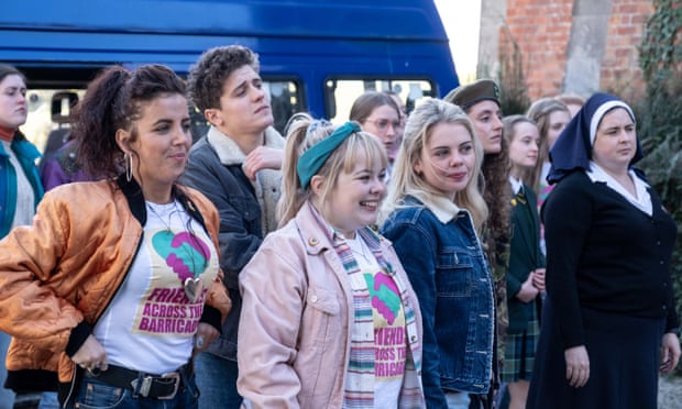 The Derry Girls (Michelle, James, Clare, Erin and Orla) with Sister Michael in series two.