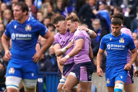 Scotland's Duhan van der Merwe (centre) celebrates his side's first try of the game with team-mates.