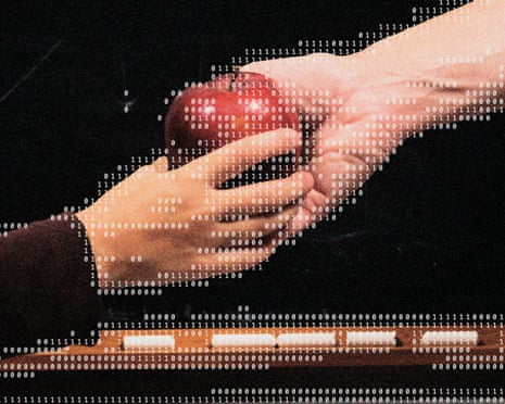 A hand offering an apple to a younger one