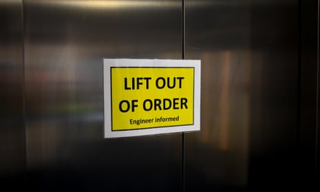 A lift with a sign on saying 'Life out of order'