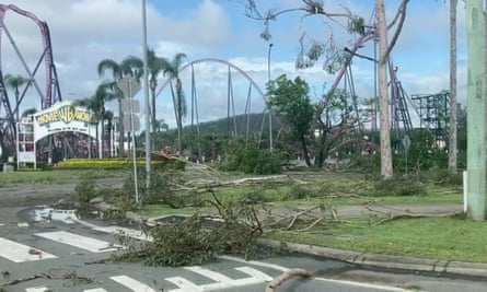 Downed powerlines and fallen trees around Movie World on the Gold Coast in the aftermath of Christmas night storms