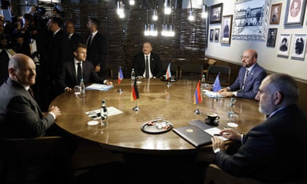 Germany’s chancellor Olaf Scholz, France’s president Emmanuel Macron, Azerbaijan’s president Ilham Aliyev, the European Council president Charles Michel and Armenia’s prime minister Nikol Pashinyan at a summit in Moldova