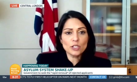 Priti Patel, home secretary, giving interview on TV about the government's shake-up of the asylum system