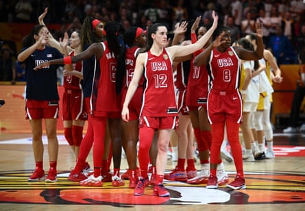 Caitlin Clark and her USA teammates celebrate after beating Spain 76-66 to reach the Fiba WomenâÂÂs Basketball World Cup final in Berlin.