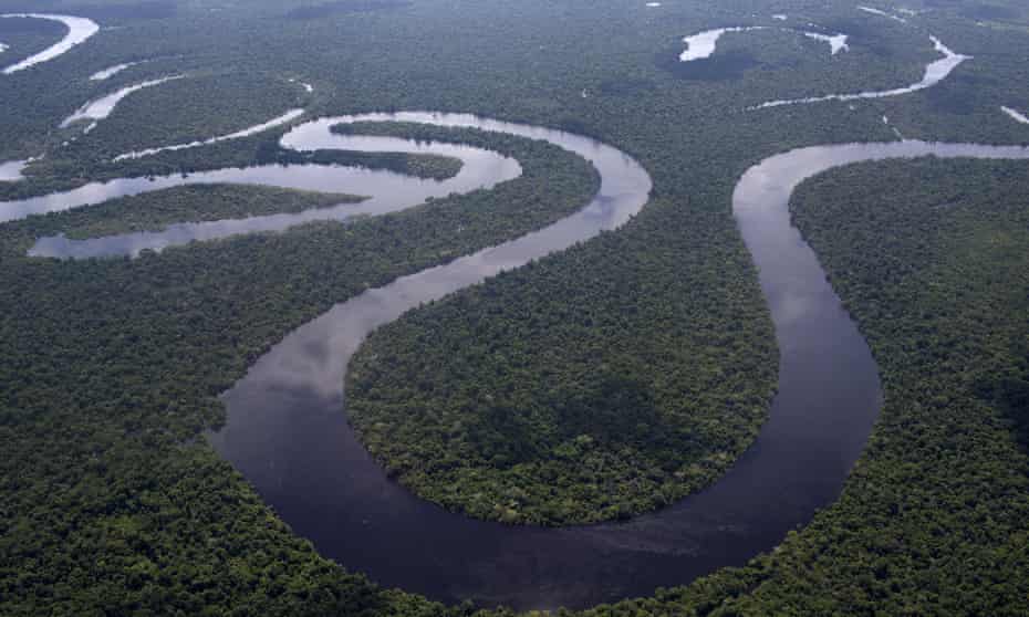 Aerial photo of the Nanay River winding through Peru’s Amazon jungle near Iquitos.