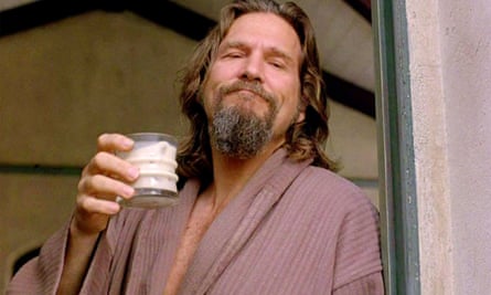 Jeff Bridges in dressing gown enjoying a white Russian cocktail in The Big Lebowski.