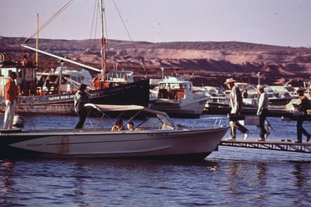 Families with fishing gear at Lake Powell in 1973.