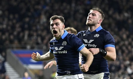 Ben White celebrates scoring a goal for Scotland at Twickenham