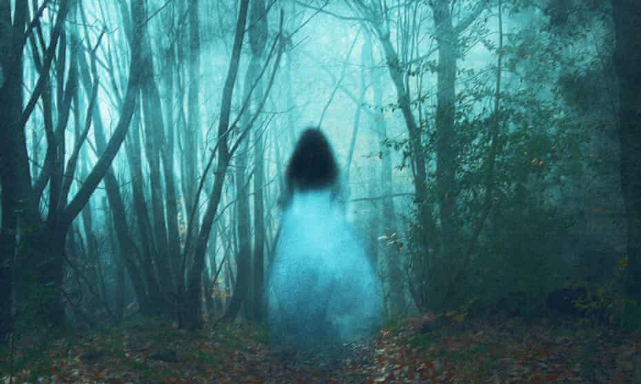 A ghostly woman in a long white dress. In a forest. On a foggy winter’s day.