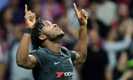 Michy Batshuayi celebrates scoring the winner against Atlético Madrid in the Champions League.