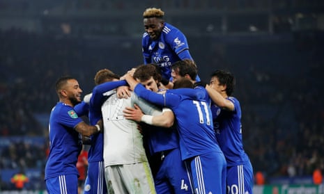 Leicester City’s Wilfred Ndidi tops the celebration pile after his side won their shootout 6-5 against Southampton.