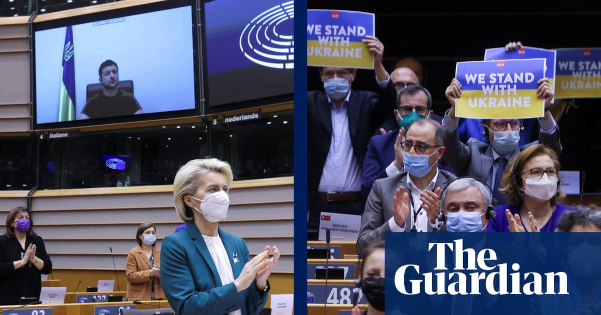 Ukrainian president receives standing ovation after EU parliament speech – video