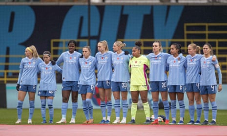 Manchester City players before the Women’s Super League match against Brighton at the Academy Stadium