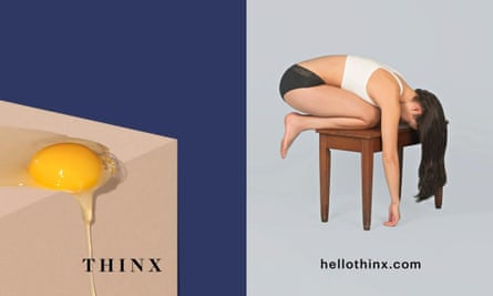 thinx ad shows egg dripping next to image of woman hunched over on a stool