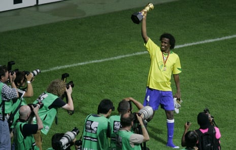 Roque Junior celebrates after Brazil beat Argentina in the Confederations Cup final in 2005.