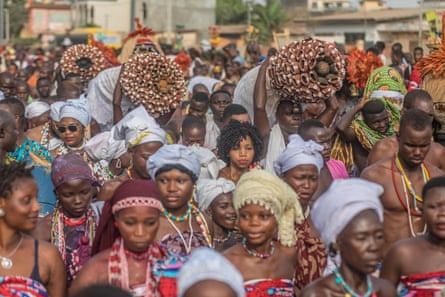 Crowds celebrate voodoo beliefs in Benin’s capital, Porto-Novo.