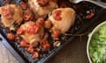 Rachel Roddy's baked chicken thighs with tomatoes, and a green bean, lettuce and parmesan salad 1250