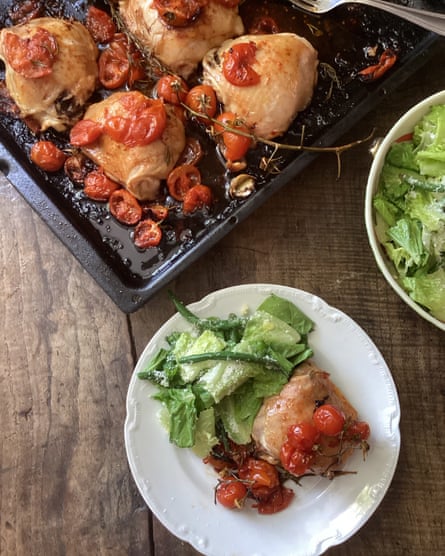 Rachel’s baked chicken thighs with tomatoes, served with a green bean, lettuce and parmesan salad.