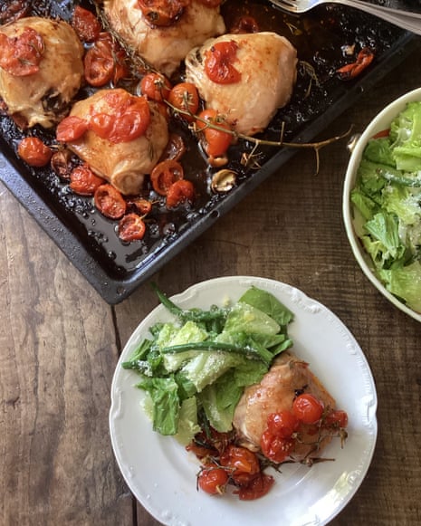 Rachel Roddy's recipe for baked chicken with tomatoes, and a green