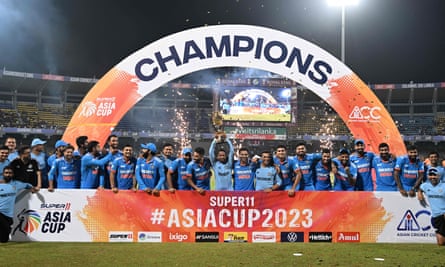 India will celebrate with the trophy after winning the 2023 Asia Cup final by 10 wickets on September 17 after defeating Sri Lanka by 50 wickets