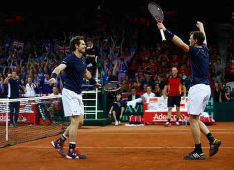 Jamie and Andy Murray celebrate victory in four sets.