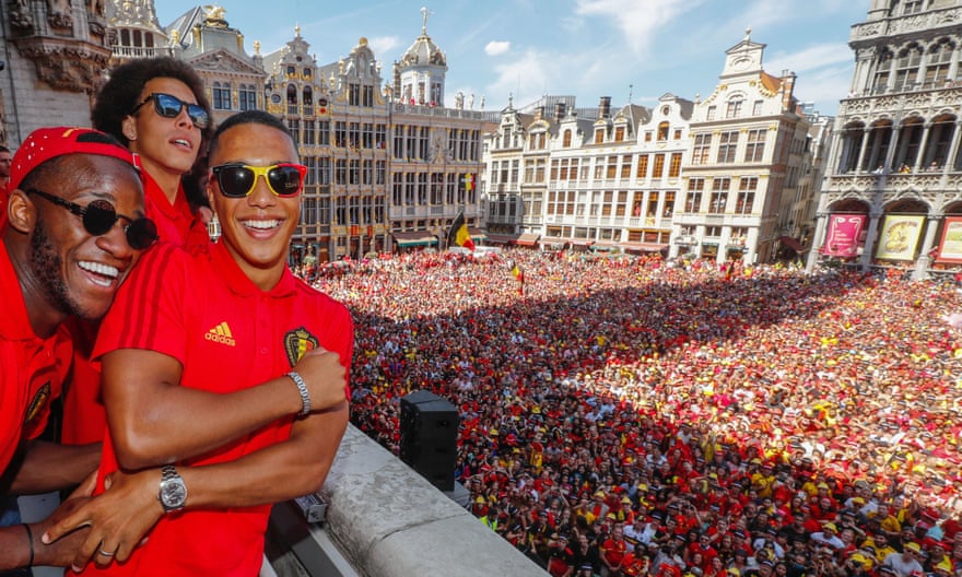 Belgium players greet the public in Brussels after their third-place finish at the World Cup.