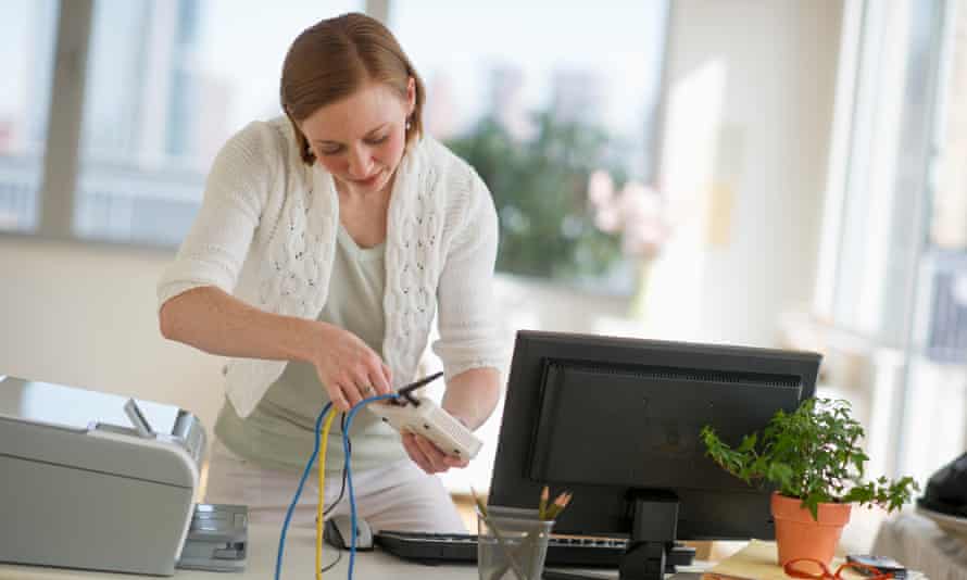 Woman setting up home office connection