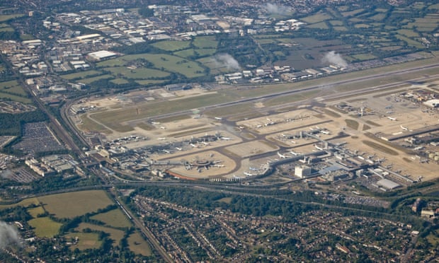 Aerial view of Gatwick airport with the residential areas of Hookwood and Horley in the foreground.