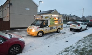 A ice cream van in the snow in Merthyr Tydfil, Wales.