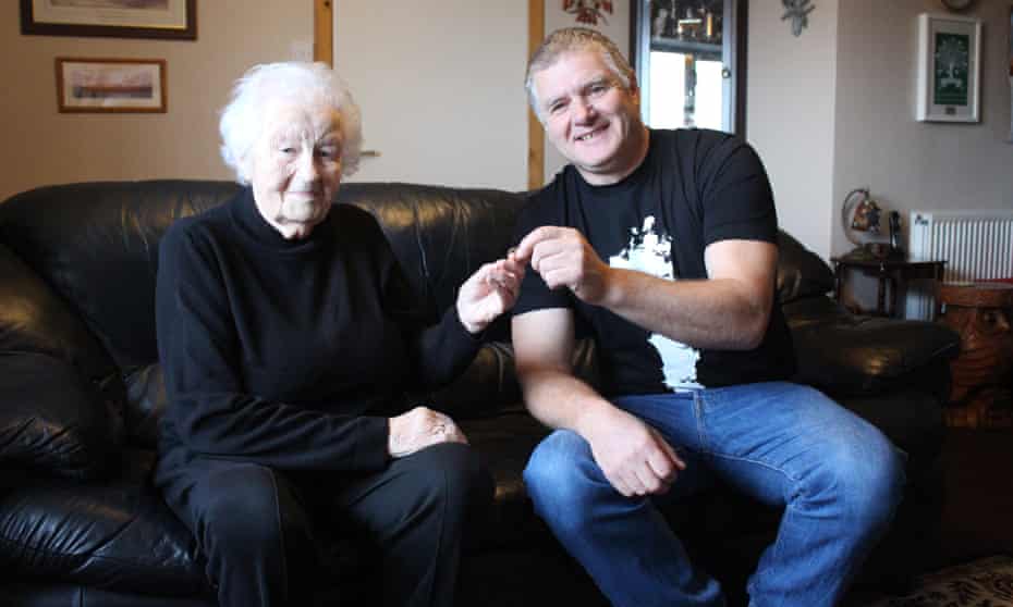 Peggy MacSween with Donald MacPhee and the wedding ring she lost in a potato patch Western Isles 50 years ago