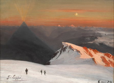 An oil painting of peaks with an orange glow and three small figures in the foreground