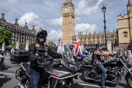 Armed forces veterans on motorbikes in front of Big Ben